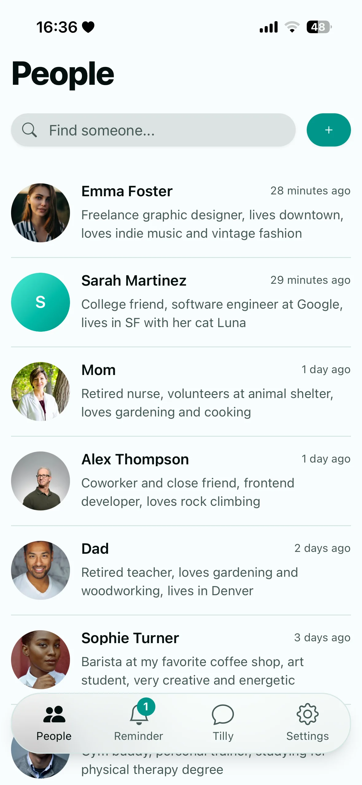 Phone showing the Tilly People list